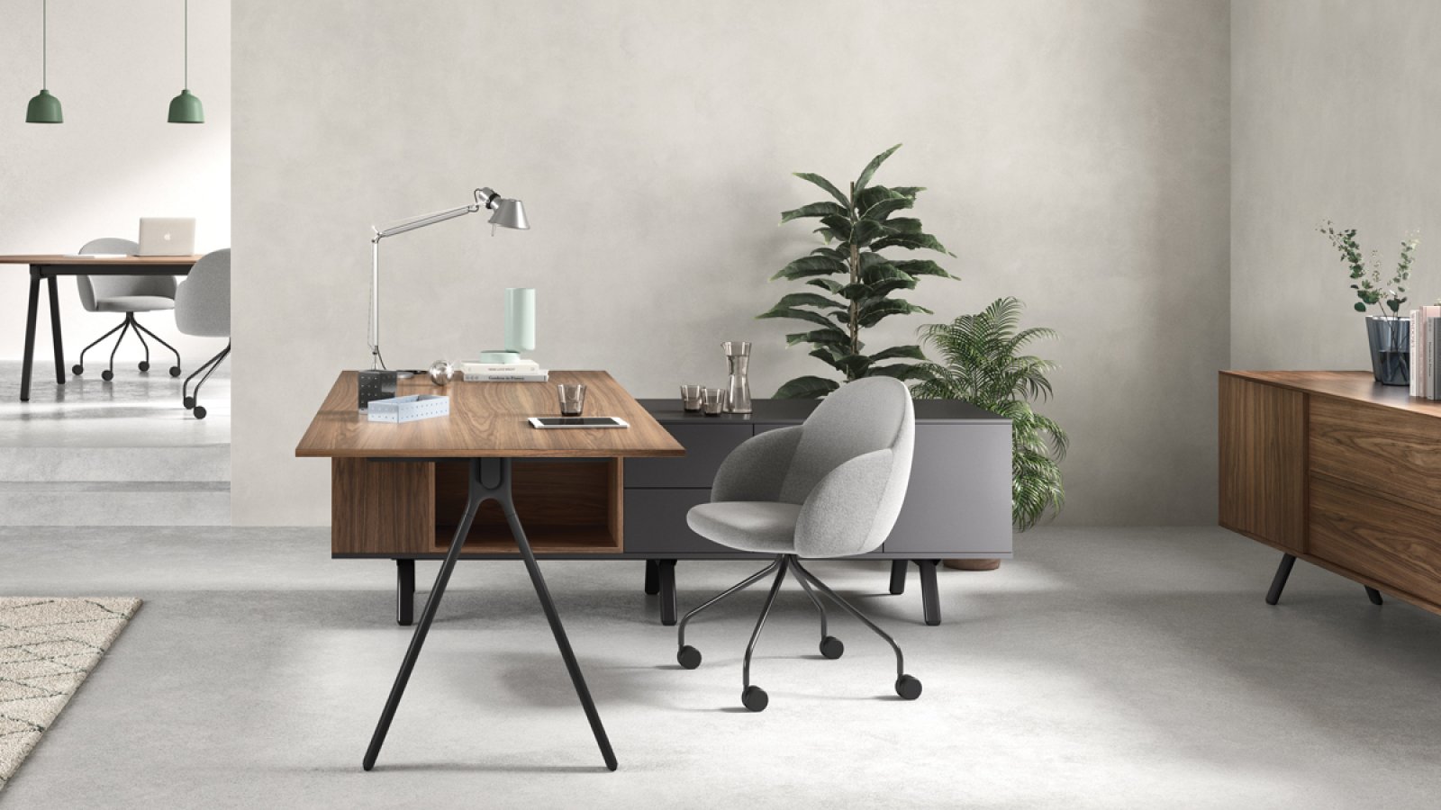 Γραφεία design Lay της Archiutti με ανοιχτόχρωμες επιφάνειες και κόκκινη δομή