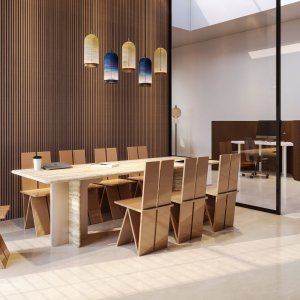 Τραπέζι συνεδριάσεων Ginza της Codutti με επιφάνεια από ρωμαϊκό τραβερτίνη πάνω σε δύο δομικά πάνελ