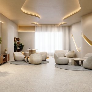 Το στρογγυλό Ginza με τρεις πολυθρόνες σε μια ανεπίσημη γωνιά