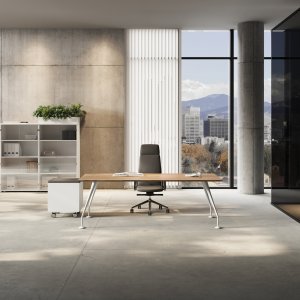 Γραφείο design Énosi Las Mobili με γυάλινη επιφάνεια Λευκό Extra και χρωμιωμένα κωνικά πόδια