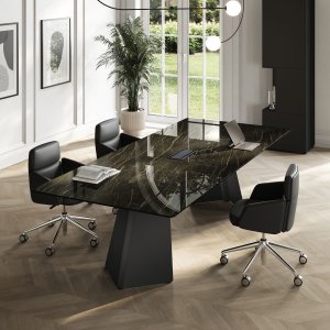 Προφίλ του γραφείου Monolith του Orlandini Design — λεπτή επιφάνεια σε πόδια V
