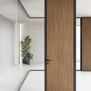 Ξύλινη ανοιγόμενη πόρτα B1 με κάσα αλουμινίου του συστήματος Mood